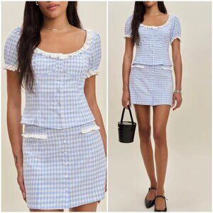 NEW Reformation Janell Two Piece Set Crystal Check Light Blue White | US 2 UK 6